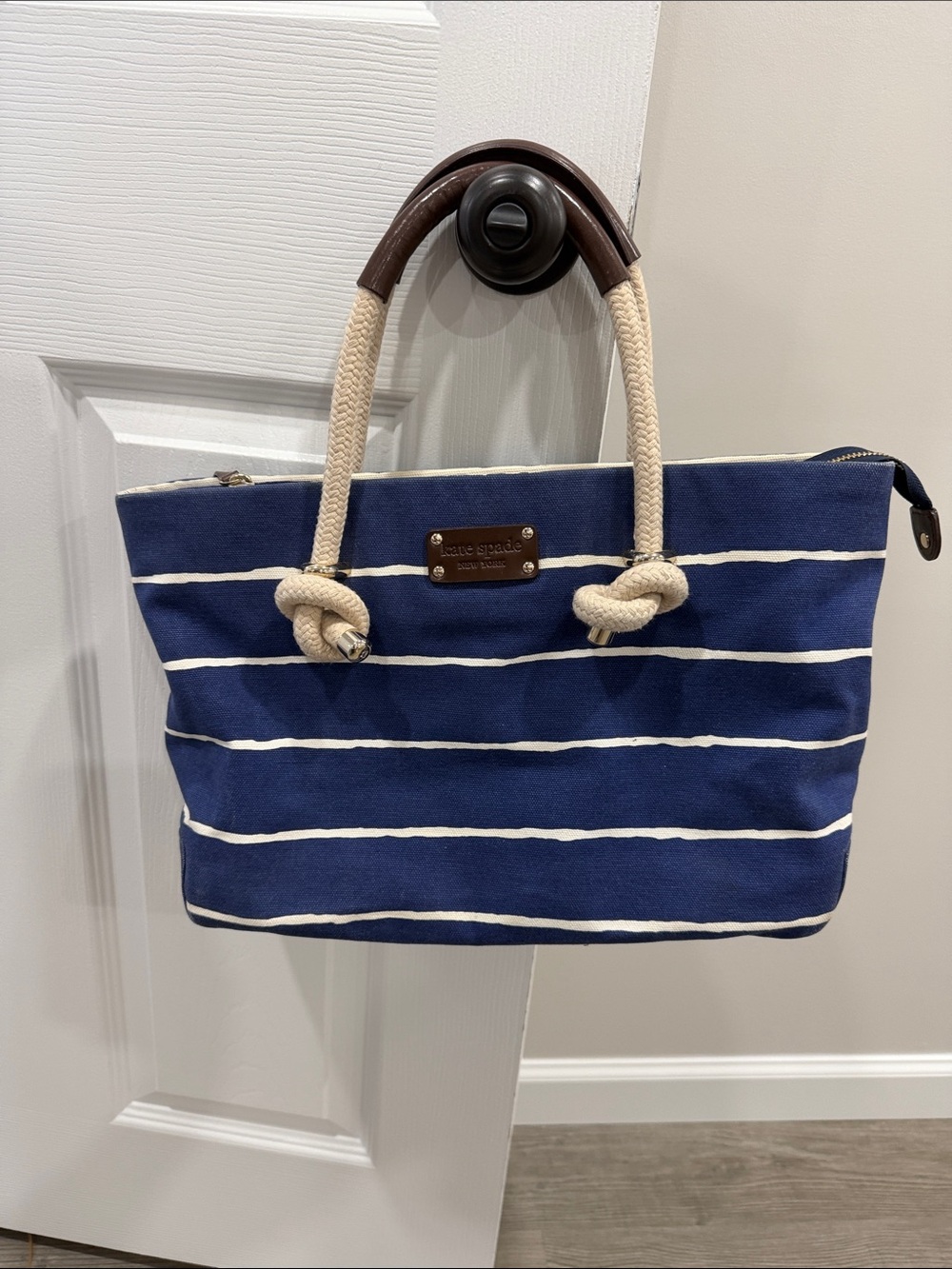 Kate Spade Navy Cream Striped Canvas Tote Rope Handles Hit the Dock/Southport